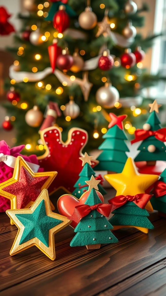 Colorful homemade Christmas ornaments shaped like stars and trees on a wooden table with a Christmas tree in the background.